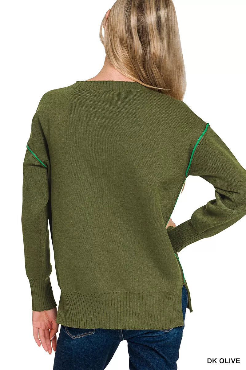 Zenana Round Neck Contrast Trim Sweater 