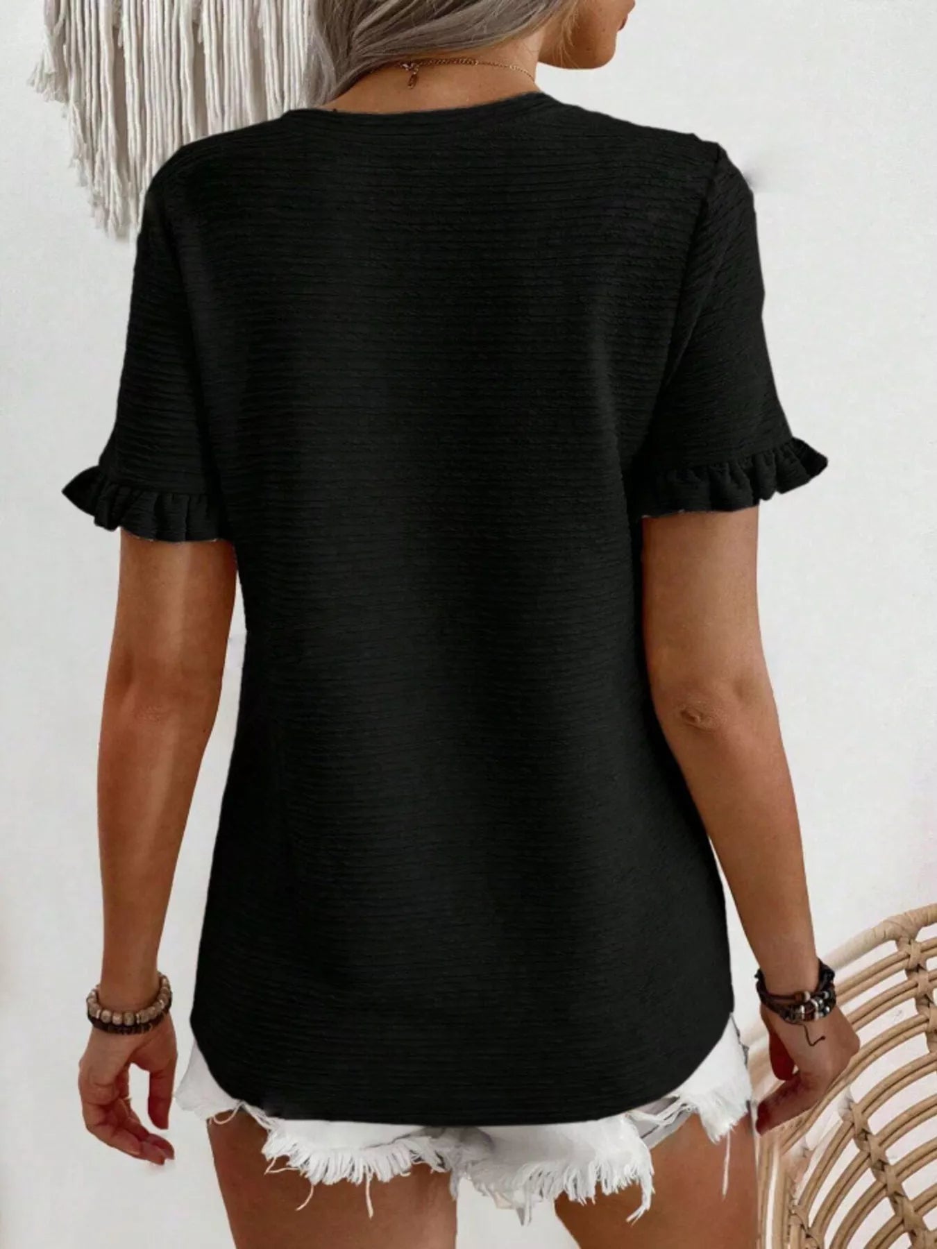 Textured Ruffle Sleeve Round Neck T-Shirt 