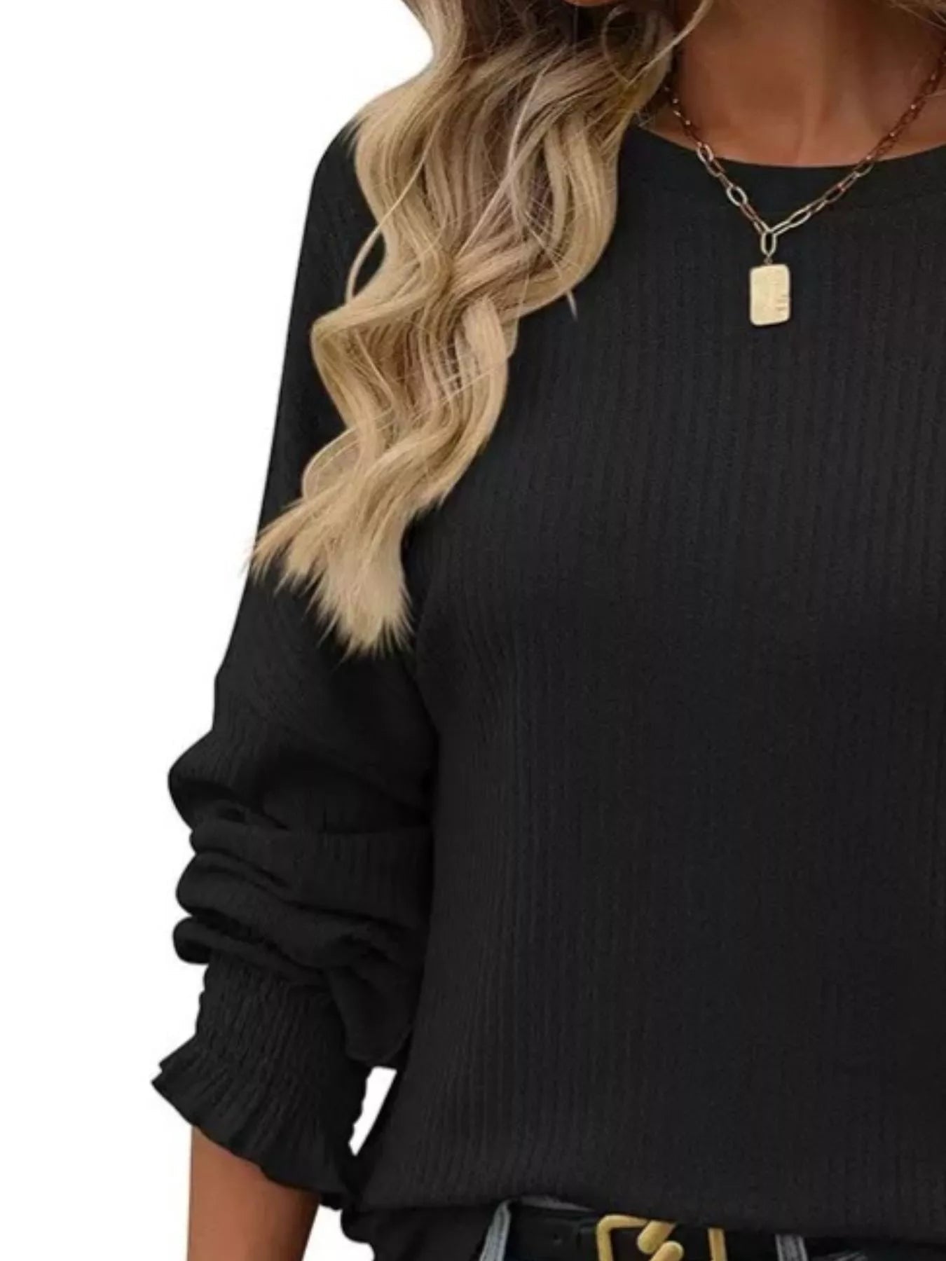 Ribbed Knit Long Sleeve T-Shirt 