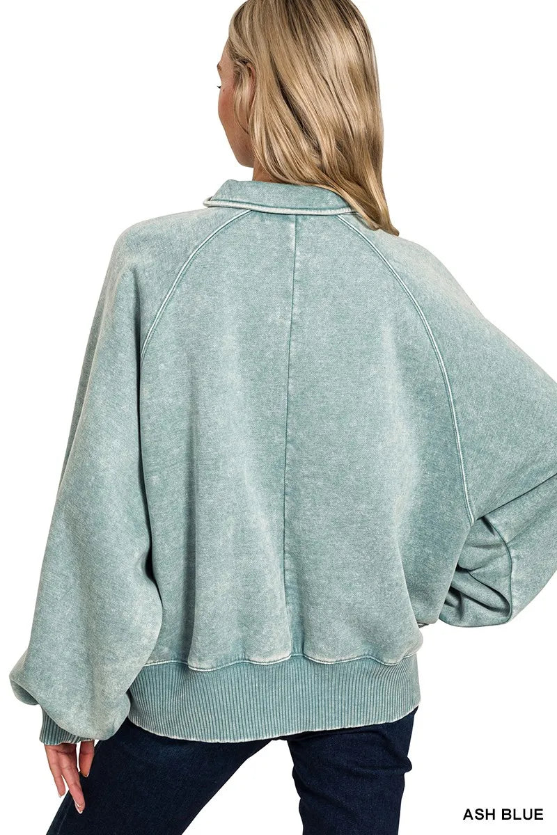 Zenana Acid Wash Fleece Collared Sweatshirt 
