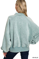 Zenana Acid Wash Fleece Collared Sweatshirt 