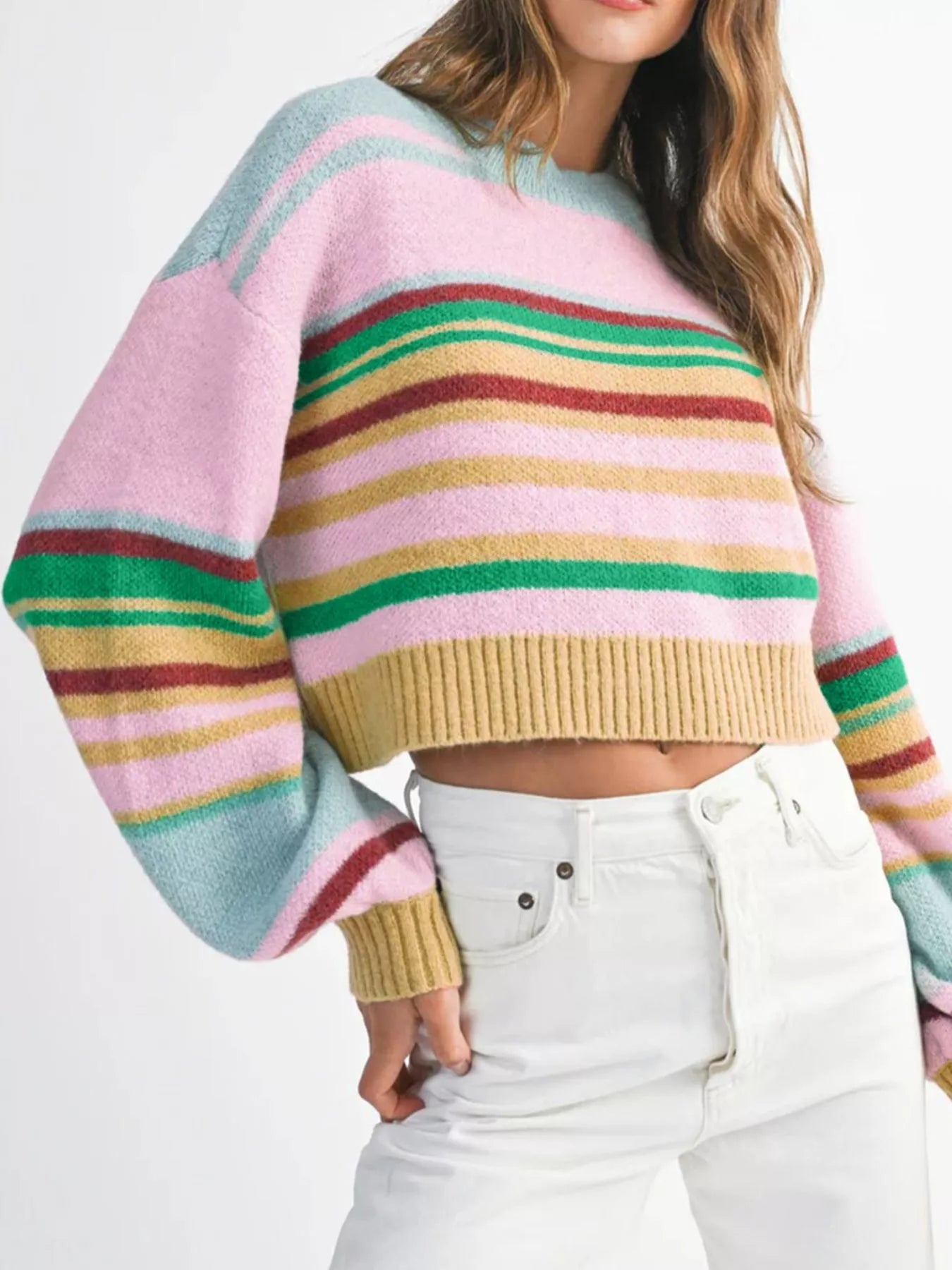 Multicolour Striped Knit Ribbed Trim Boxy Fit Cropped Sweater 
