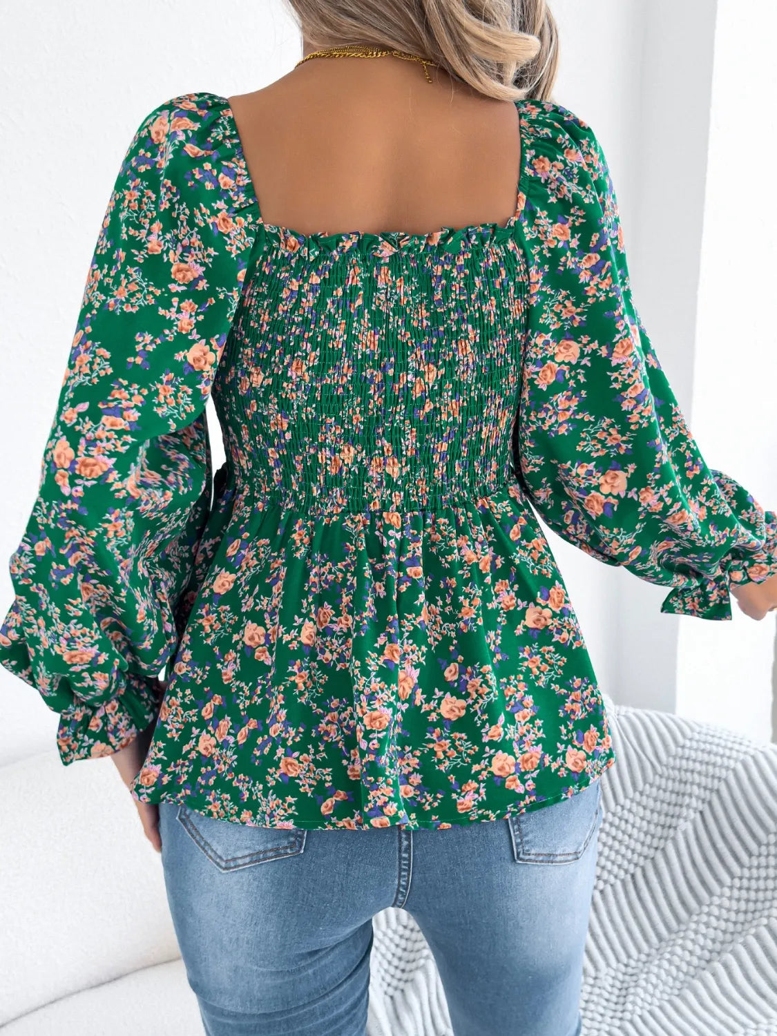 Floral Square Neck Flounce Sleeve Blouse 