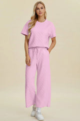 Double Take Full Size Texture Round Neck Short Sleeve Top and Pants Set 