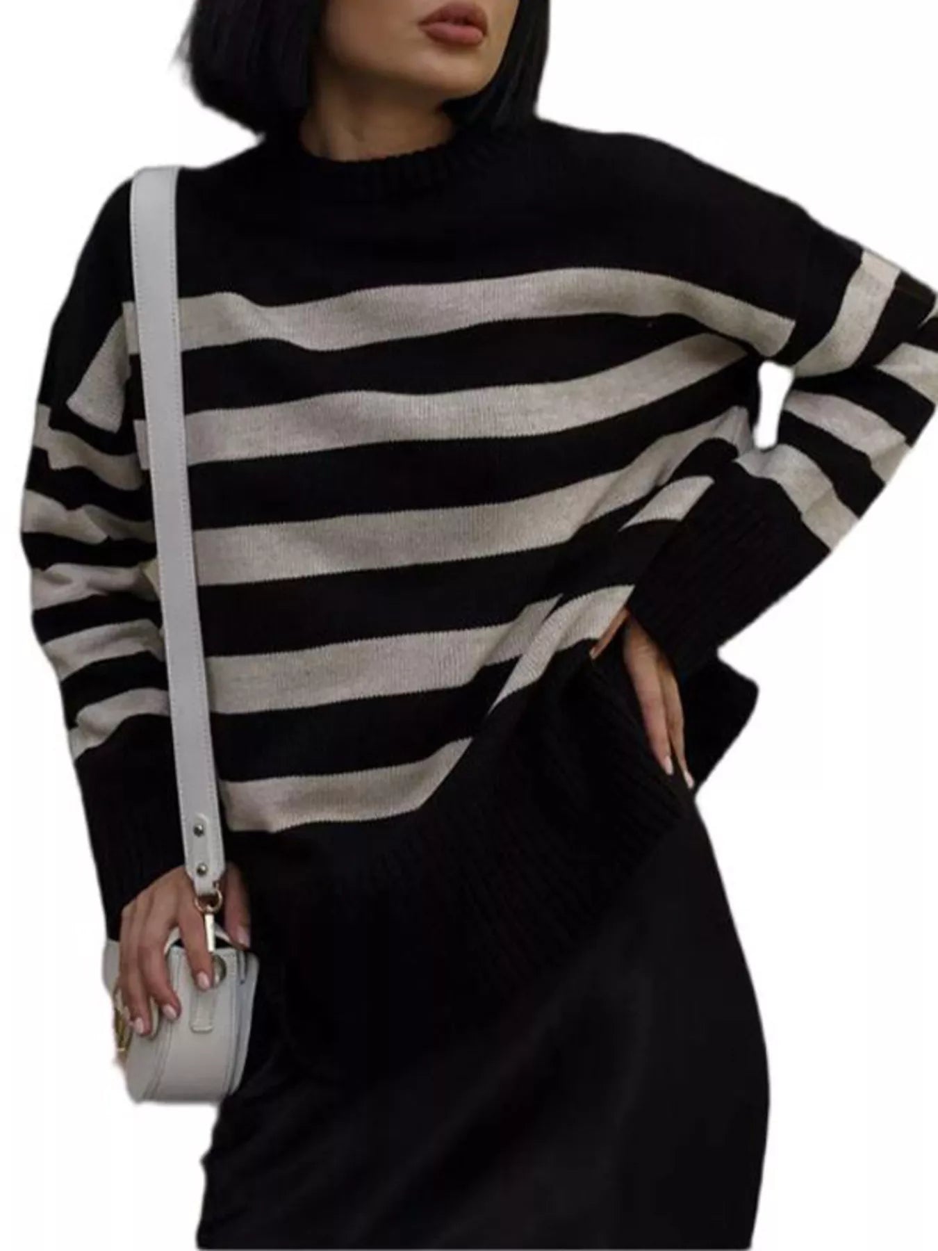 Side Slit Striped Oversized Knit Sweater 