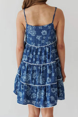 Floral Tiered Square Neck Denim Dress 
