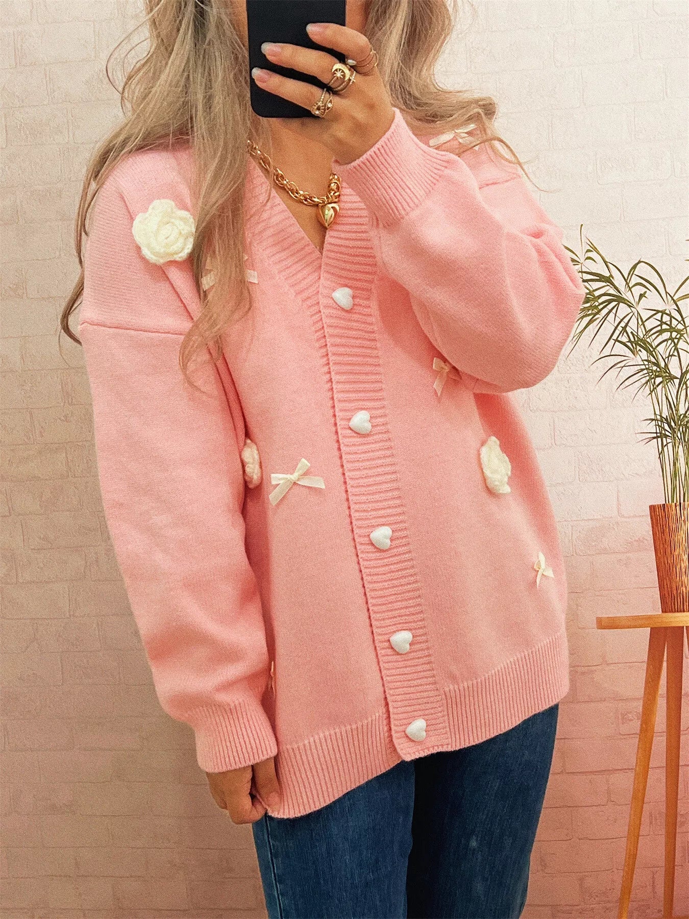 Flower Heart Button Long Sleeve Cardigan 