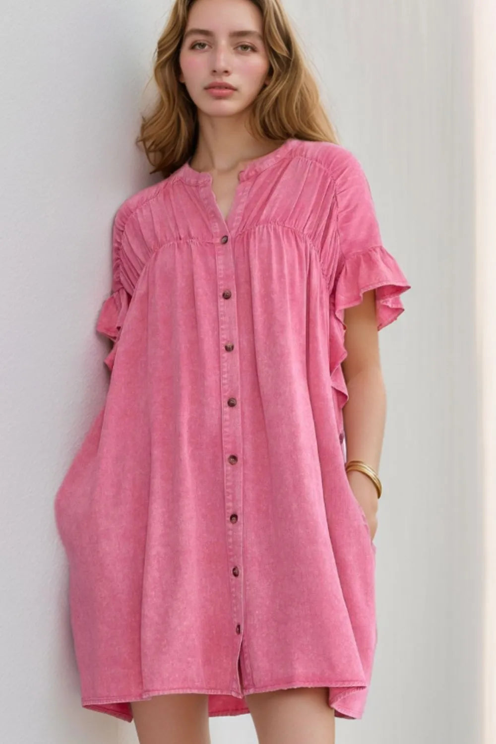 Ruffled Short Sleeve Buttoned Denim Mini Dress 