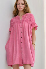 Ruffled Short Sleeve Buttoned Denim Mini Dress 