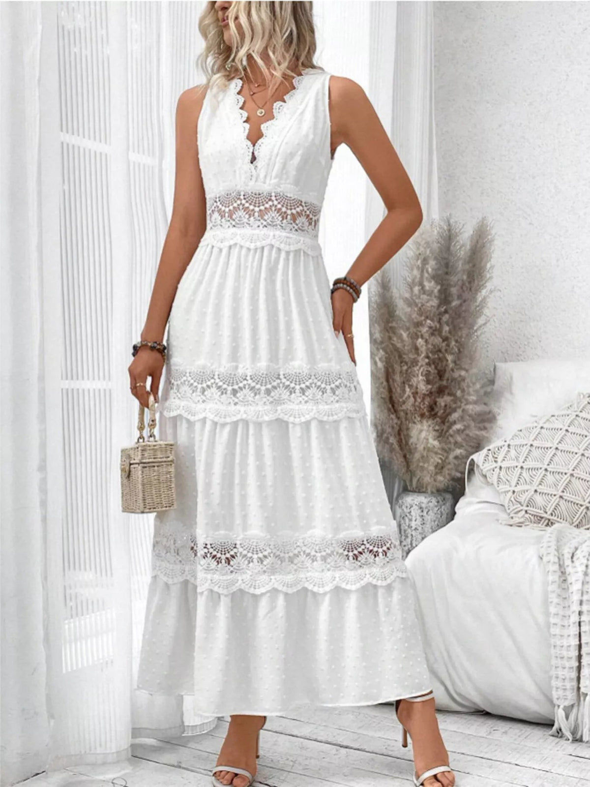 Full Size Lace Detail Tie Back Sleeveless Tiered Dress Plus Size 