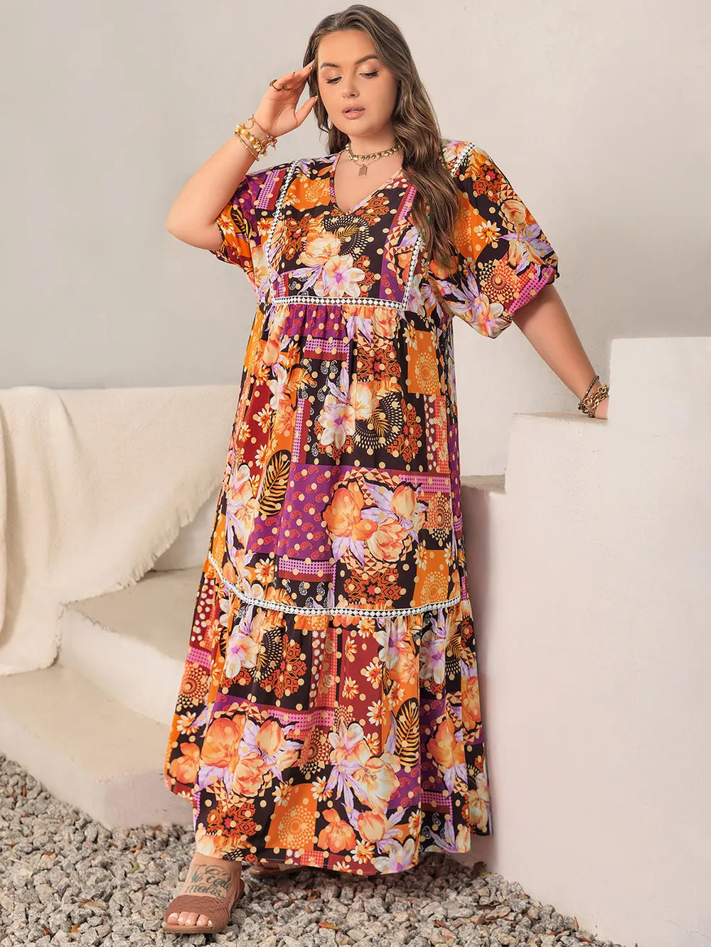 Plus Size Printed V-Neck Half Sleeve Maxi Dress 