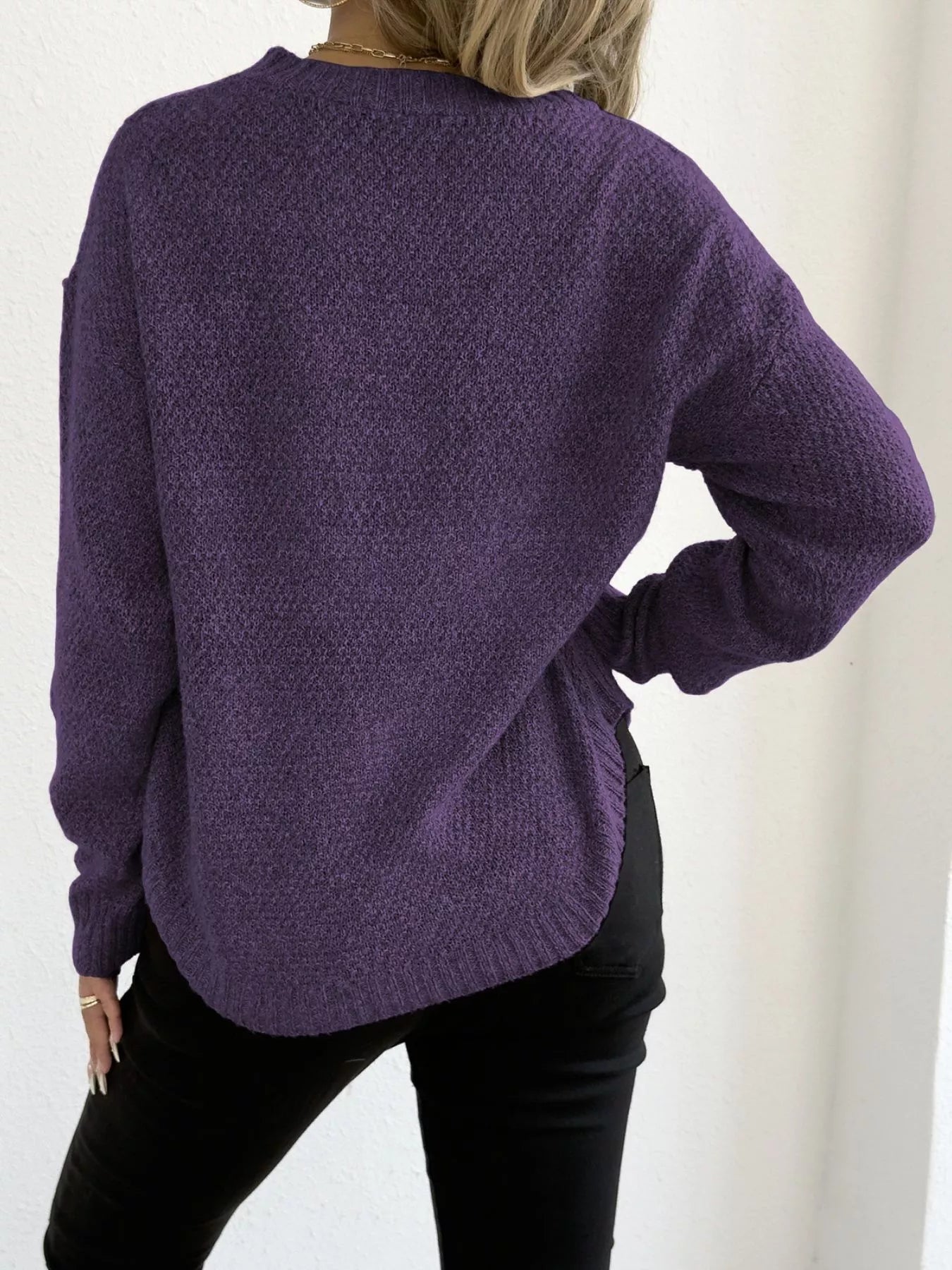 Textured Knit Relaxed Fit Round Neck Sweater 