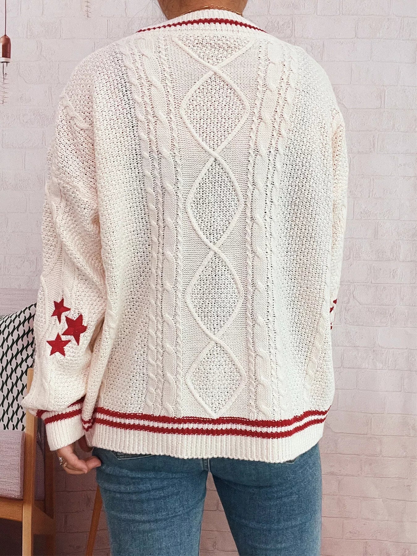 Star Pattern Button-Up Cardigan with Contrast Trim 