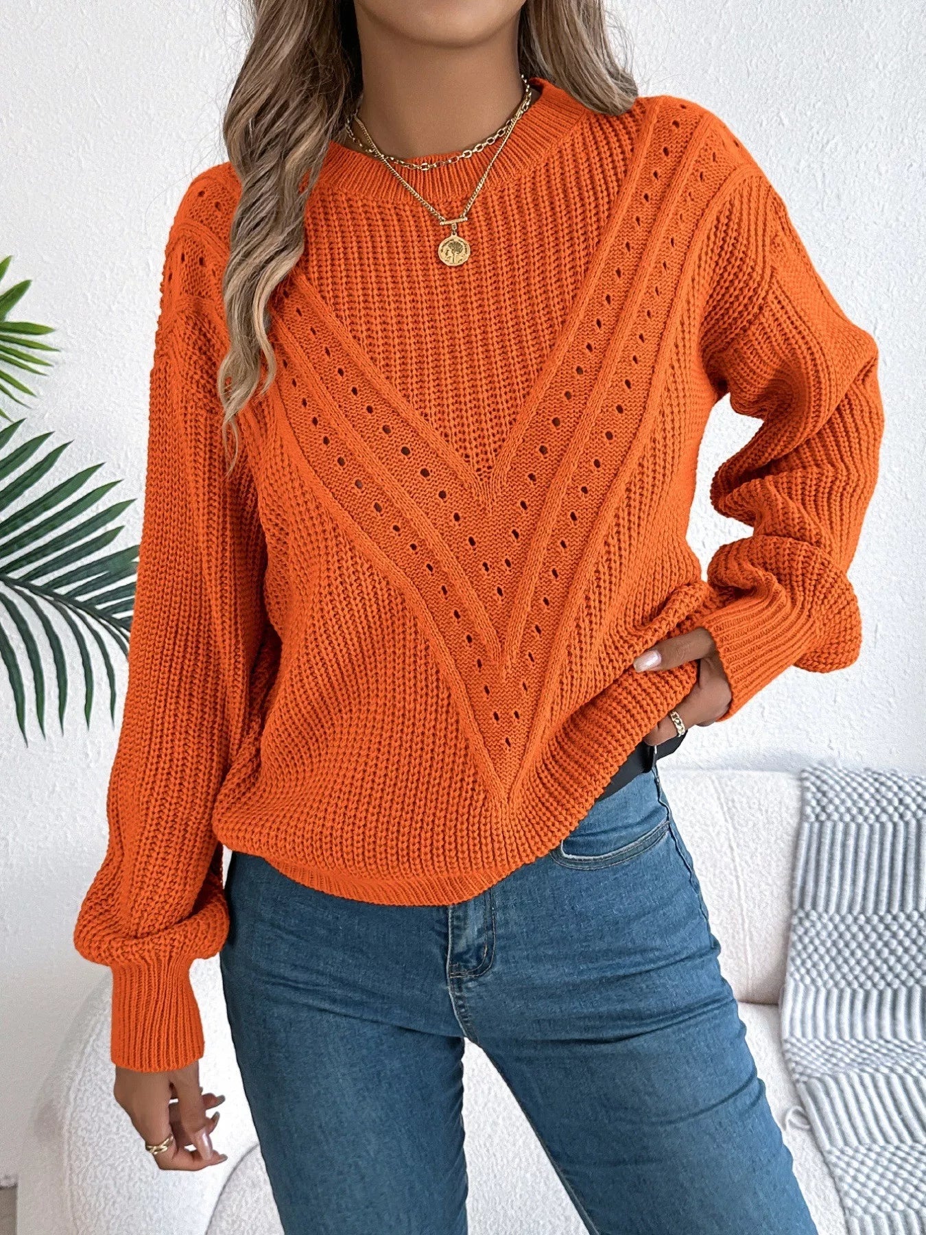 Openwork Round Neck Sweater 