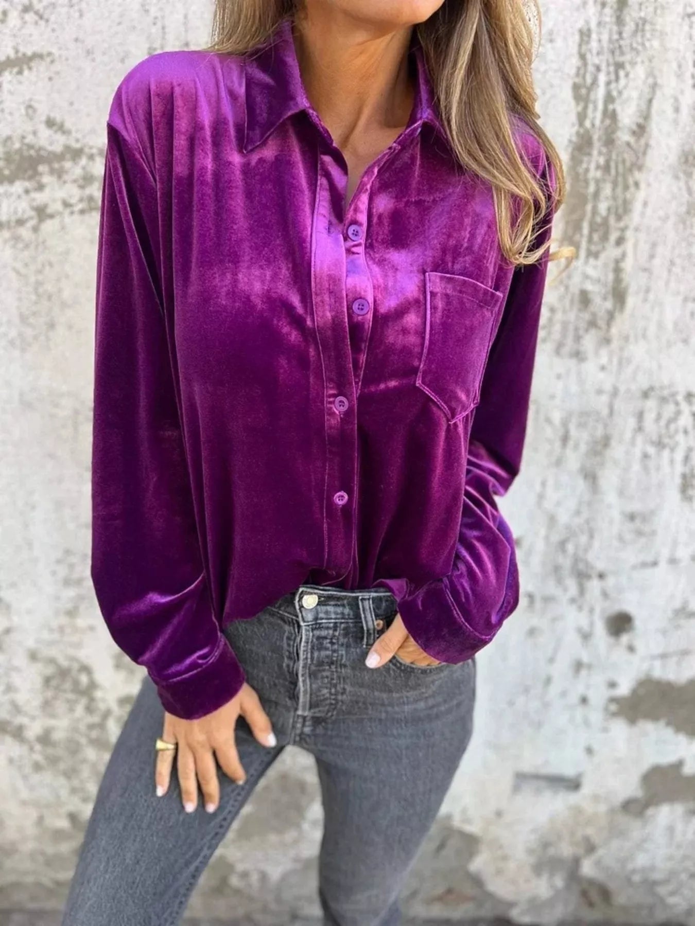 Full Size Velvet Button-Up Long Sleeve Shirt Plus Size 