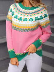 Clover Pattern Round Neck Knitted Sweater 