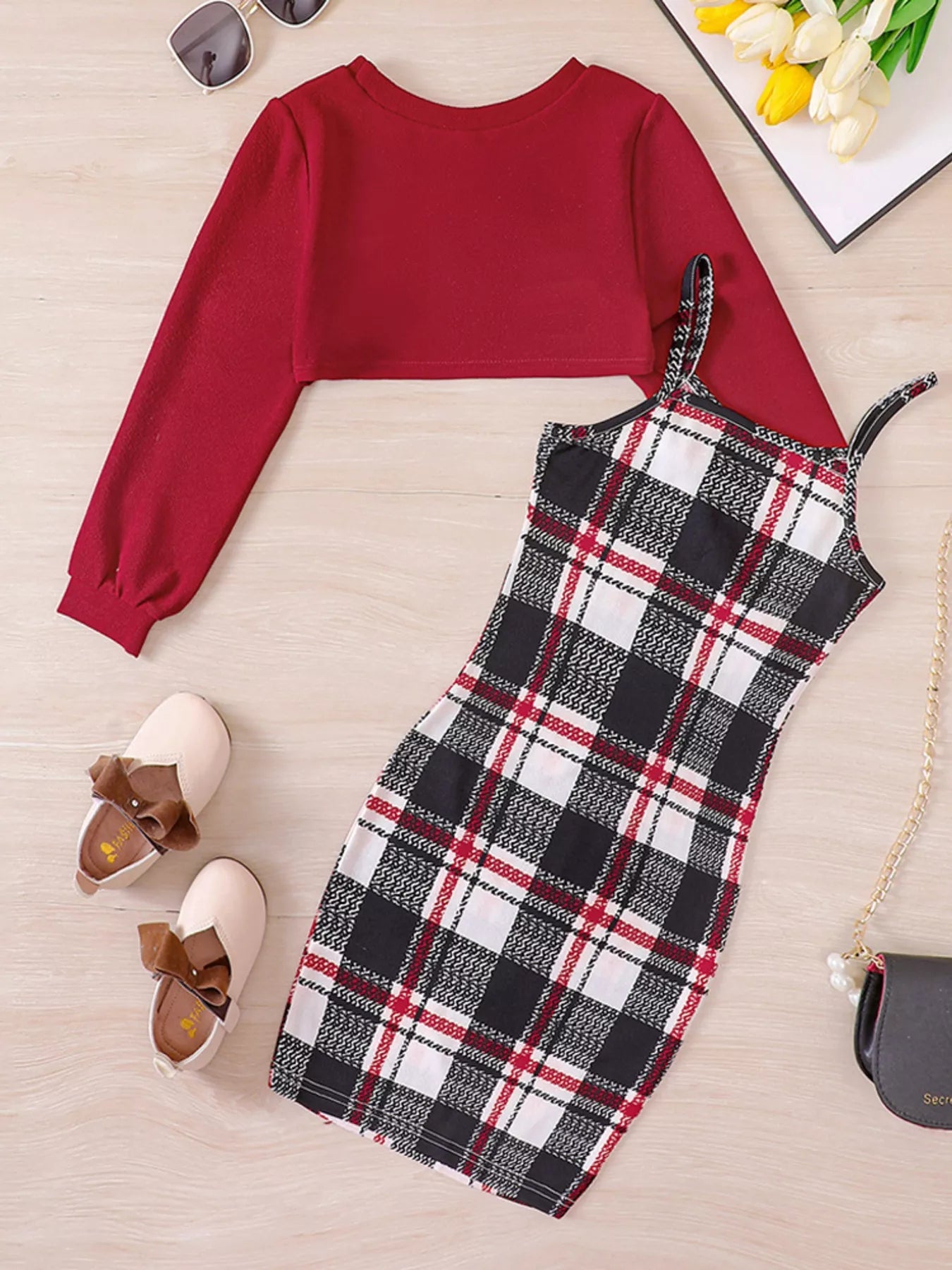 Children's Plaid Print Long Sleeve Dress Set 