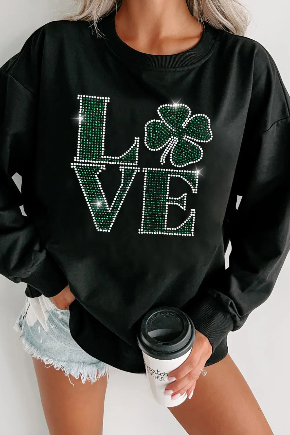LOVE Rhinestone Clover Round Neck Sweatshirt 