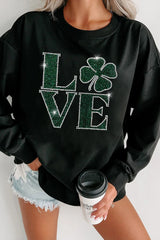 LOVE Rhinestone Clover Round Neck Sweatshirt 