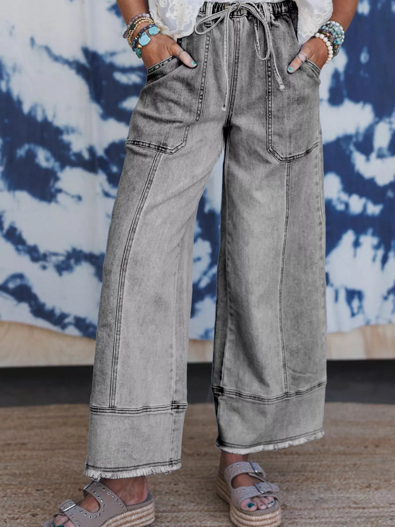 Wide Leg Drawstring Raw Hem Jeans 