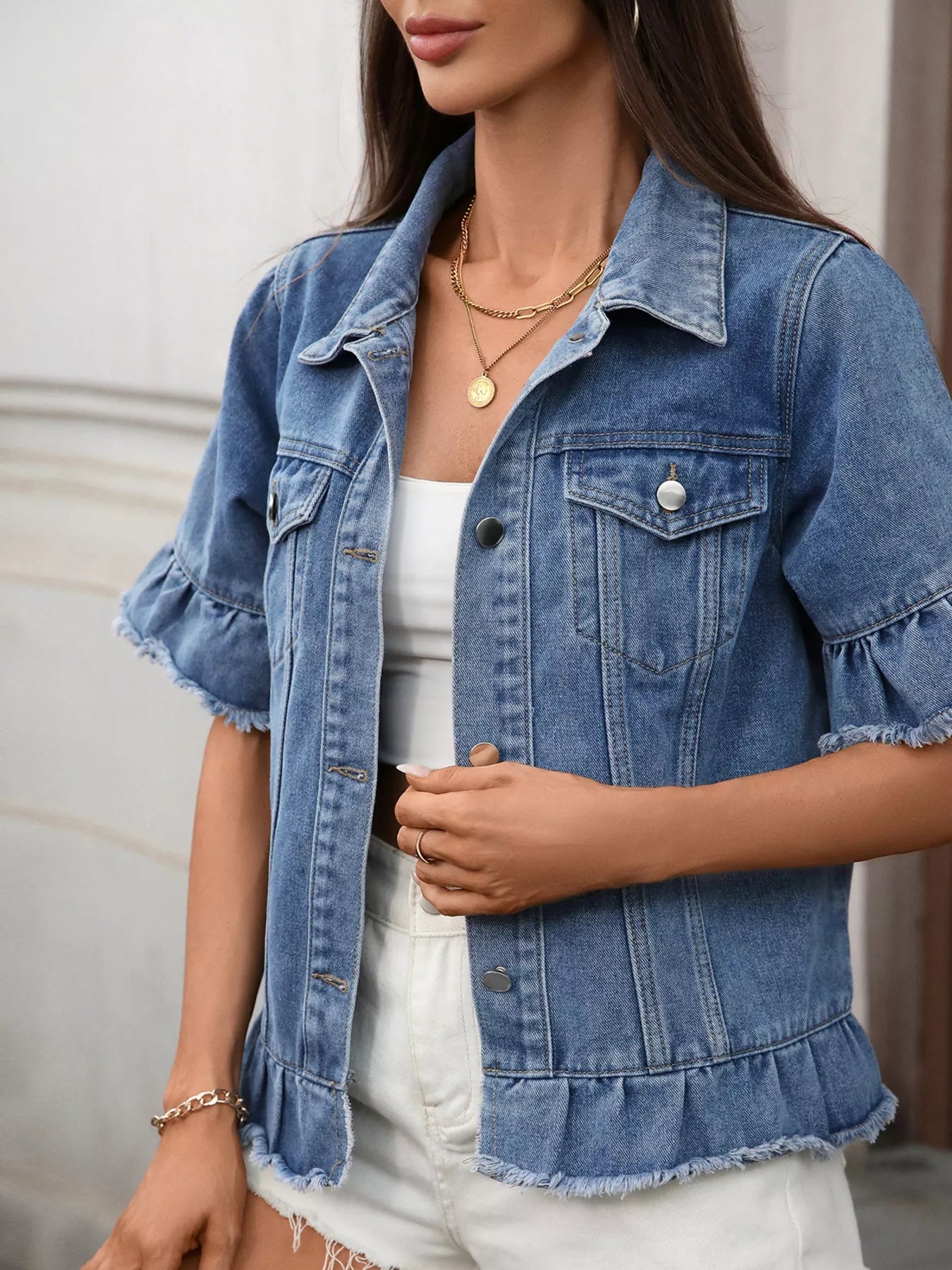 Raw Hem Button Up Denim Jacket 