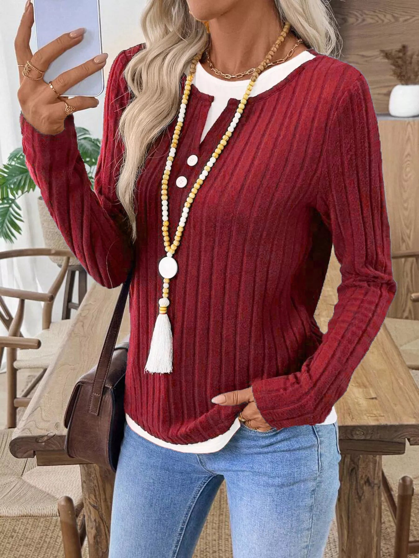 Ribbed Knit Button Detail Contrast Sweater 