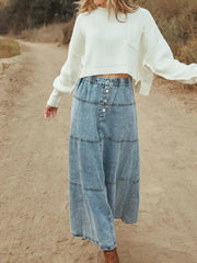 Button-Front Tiered Maxi Denim Skirt 