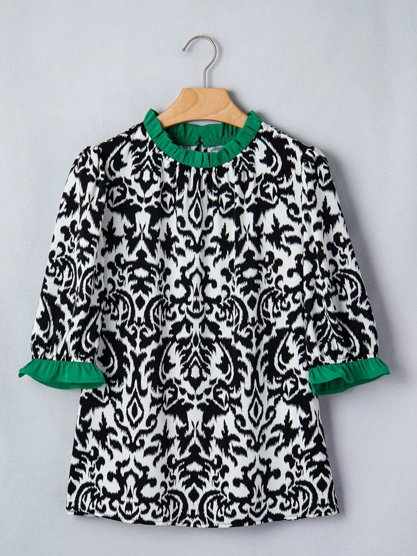 Damask Print Ruffled Color Block Detail Half Sleeve Blouse 