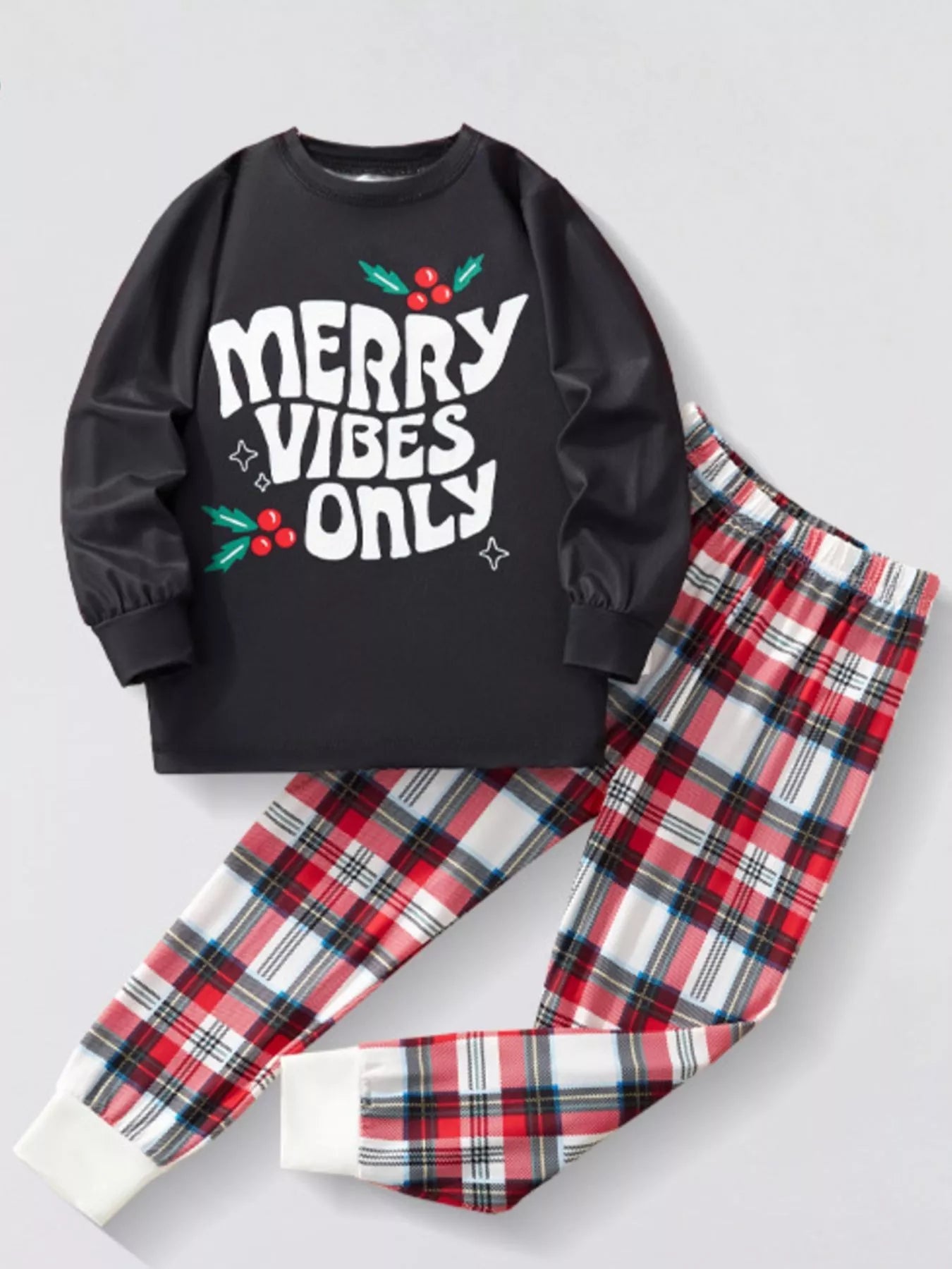 Children's Christmas Round Neck Top and Plaid Pants Set 