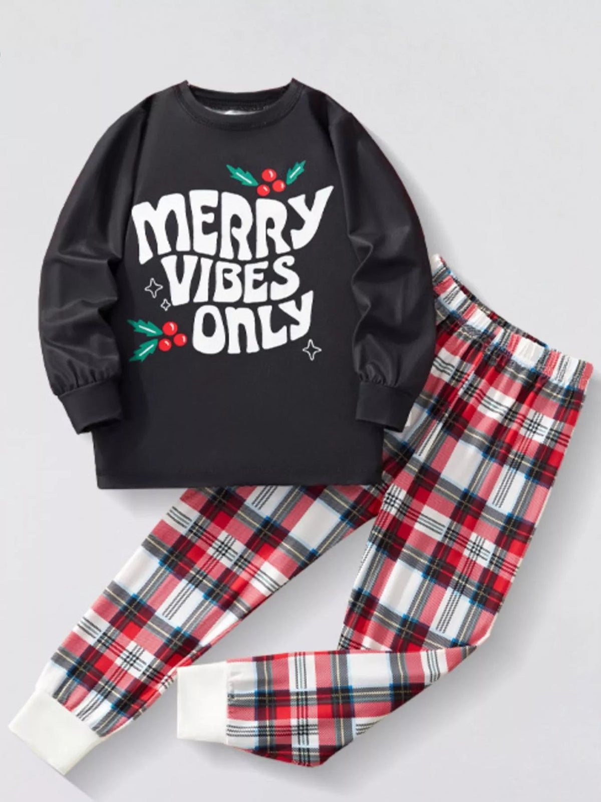Children's Christmas Round Neck Top and Plaid Pants Set 