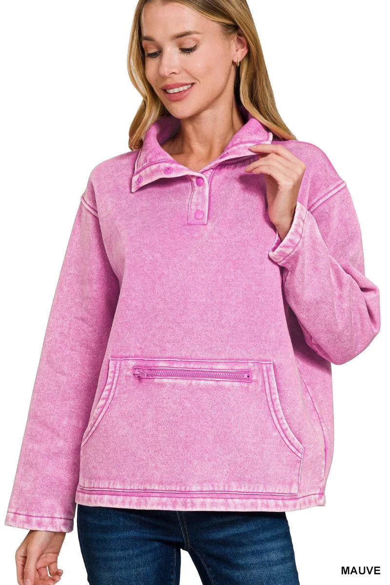 Zenana Fleece Washed High Neck Kangaroo Pocket Sweatshirt 