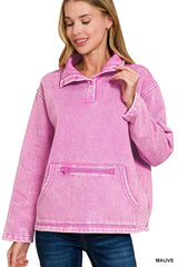 Zenana Fleece Washed High Neck Kangaroo Pocket Sweatshirt 