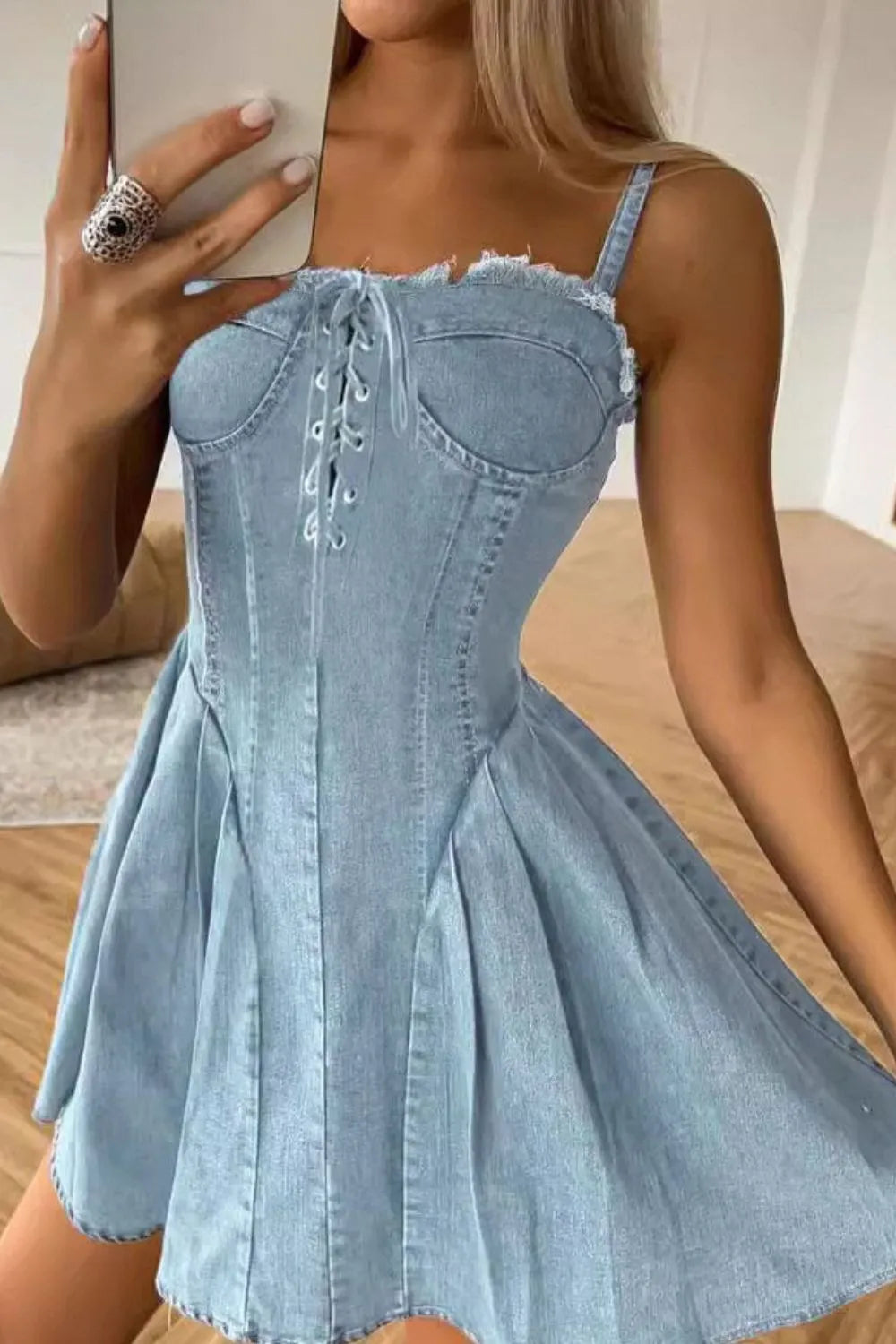 Lace Up Denim Cami Dress 