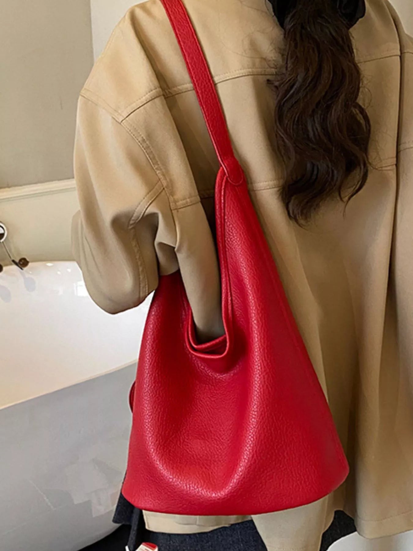 Solid Color Leather Handbag 