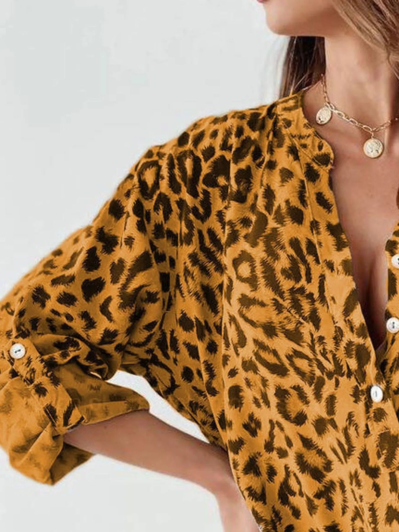 Full Size Leopard Print Roll-Tab Sleeves Blouse Plus Size 