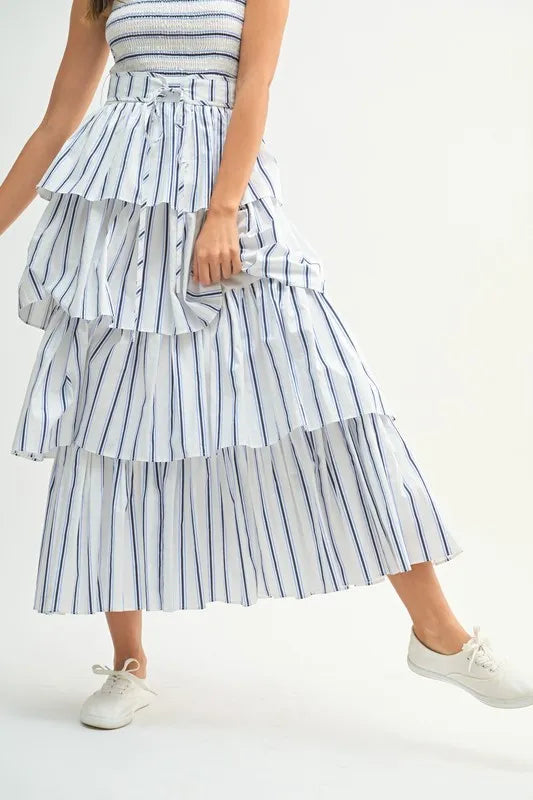 MABLE Pin Stripe Smocked Bodice Layered Midi Dress 