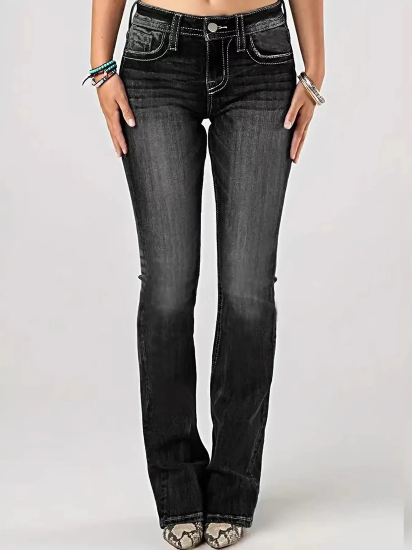 Embroidered Washed Bootcut Jeans 