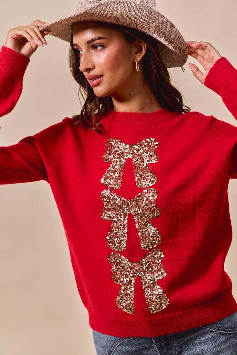 SO ME Sequins Bow Ribbon Embellished Christmas Sweater 