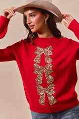 SO ME Sequins Bow Ribbon Embellished Christmas Sweater 
