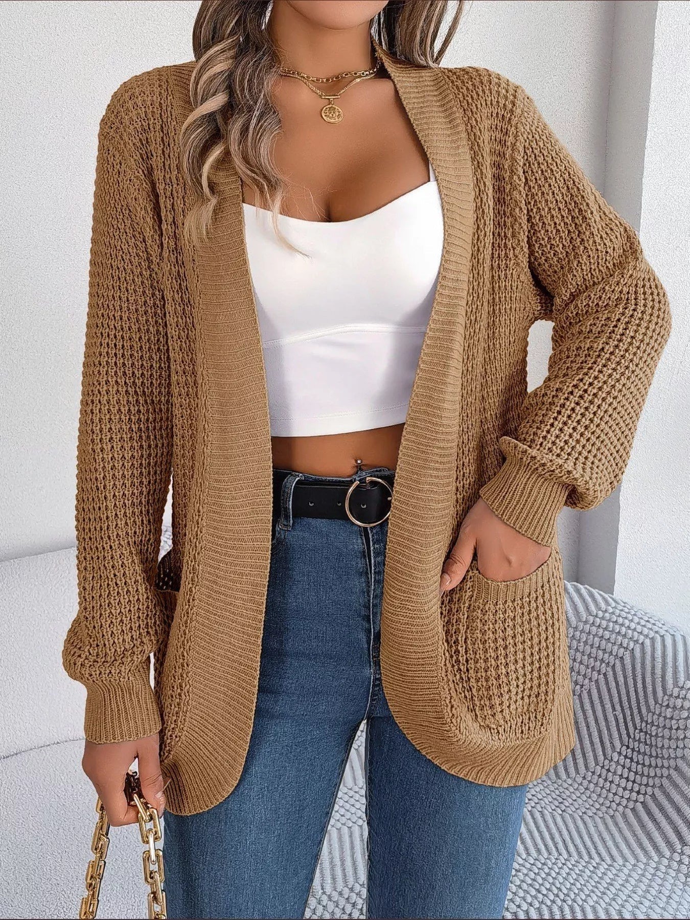 Chunky Knit Open Front Cardigan with Pockets 