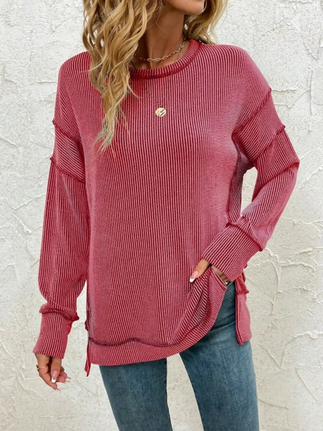 Side Slit Round Neck Dropped Shoulder Sweatshirt 