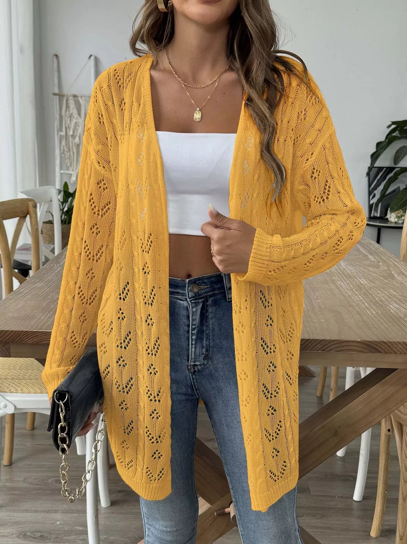 Openwork Open Front Knit Cardigan 