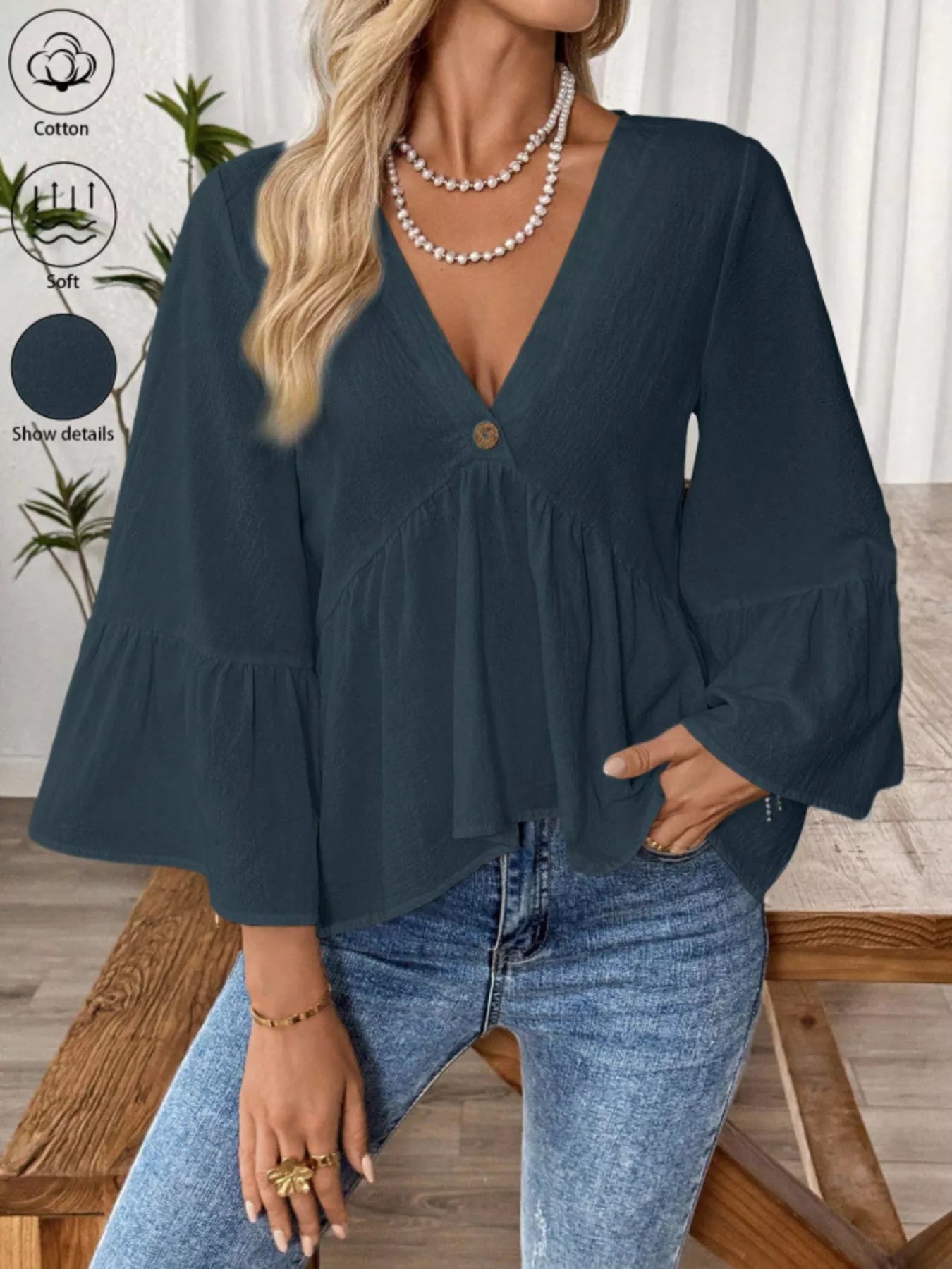 V-Neck Bell Sleeve Blouse 