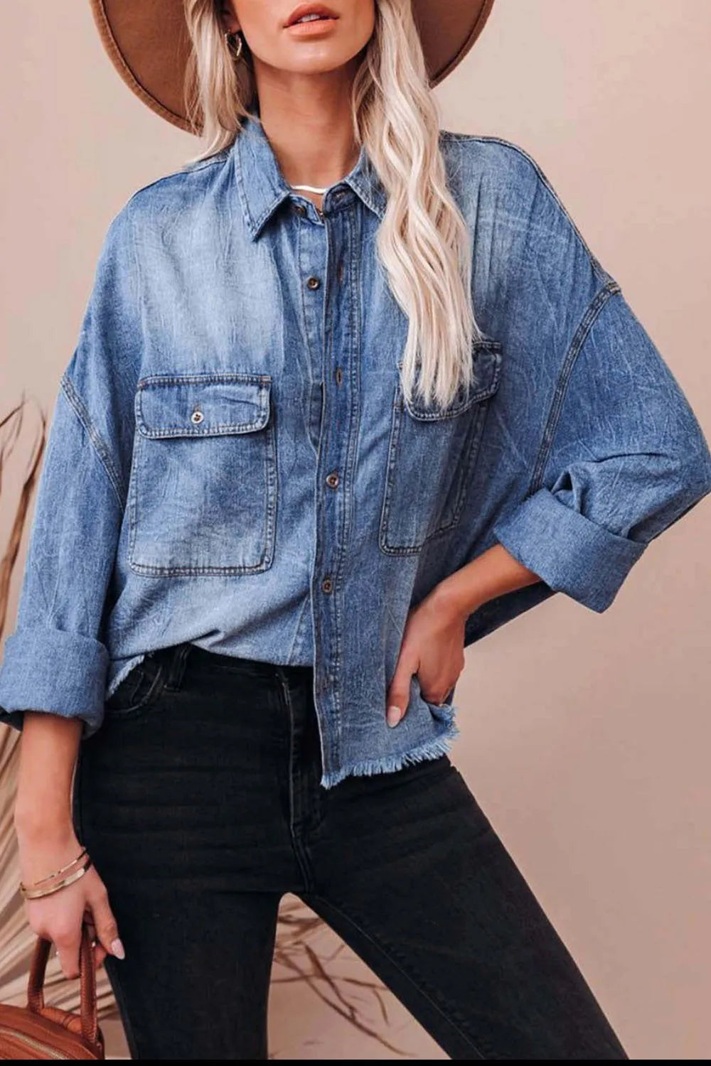 Collared Neck Raw Hem Long Sleeve Denim Shirt 