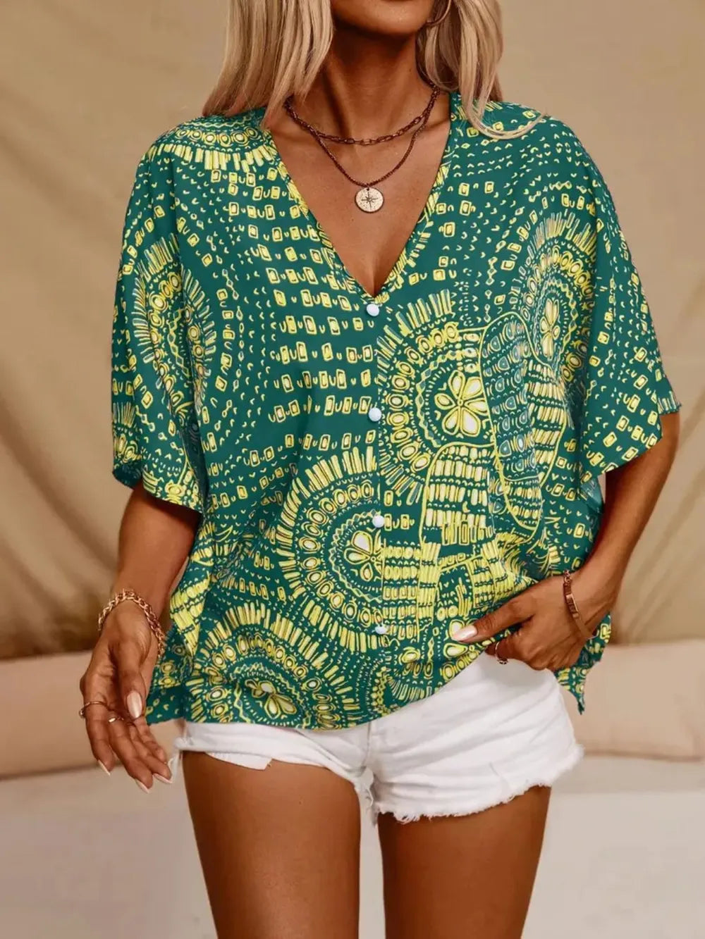 Printed V-Neck Half Sleeve Top 