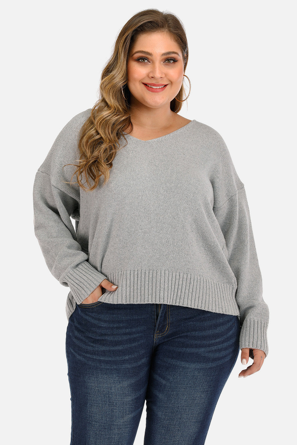 Plus Size V Neck Pullover Sweater 