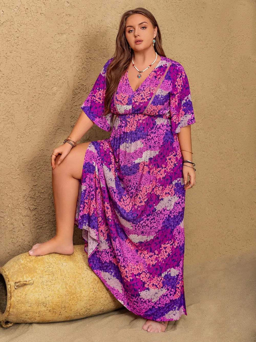 Plus Size Slit Printed Half Sleeve Maxi Dress 