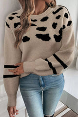 Leopard Round Neck Dropped Shoulder Sweater 