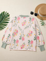 Floral Pattern Striped V Neck Loose Sweater 
