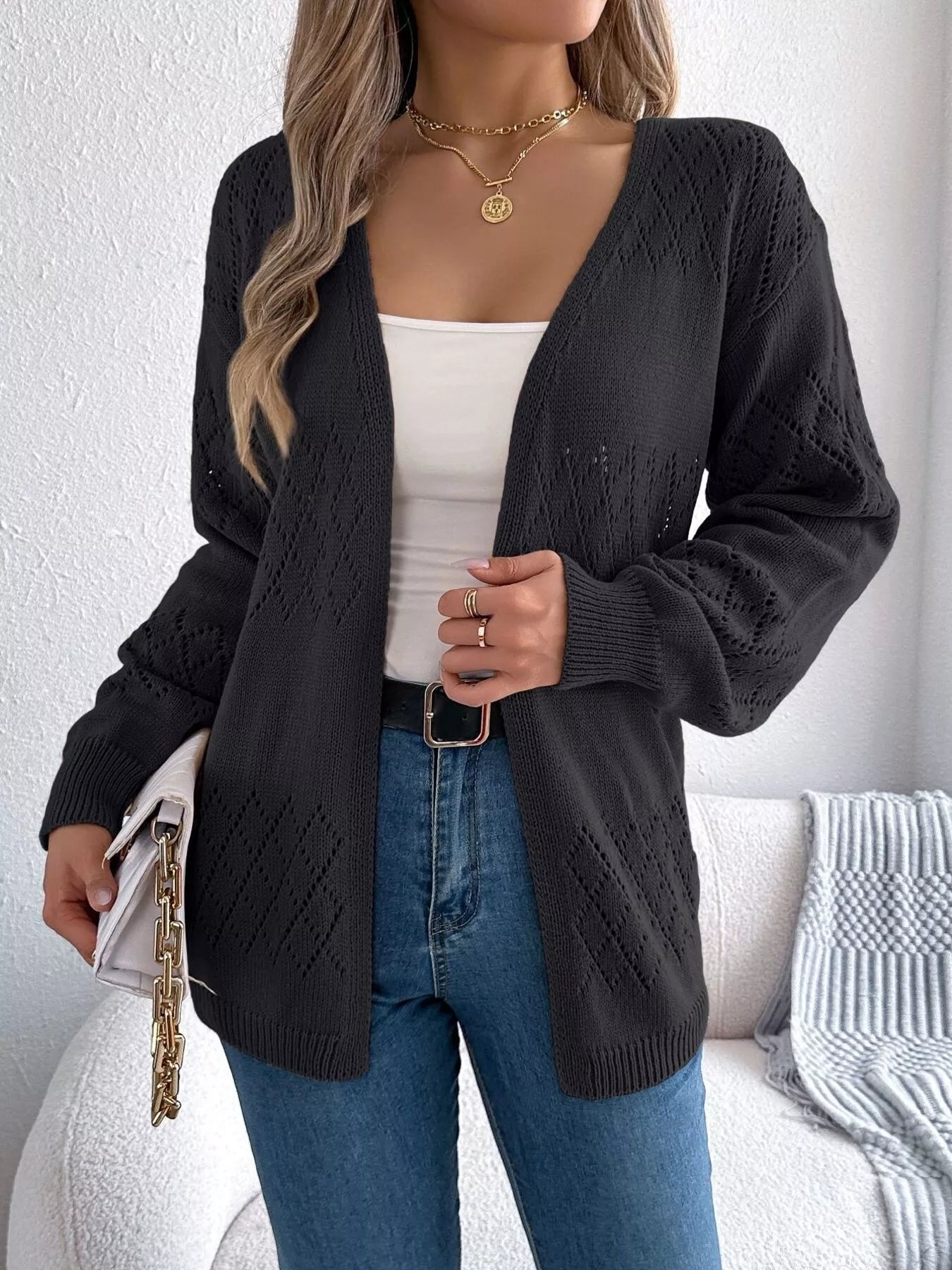 Openwork Open Front Long Sleeve Cardigan 